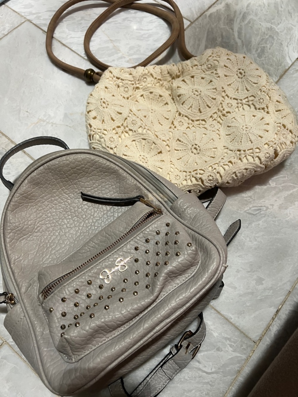 2 for $15 Womens Cream Crochet Shoulder Bag & Gray Studded Mini Backpack Set